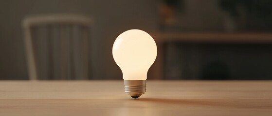 Single light bulb on a wooden surface. the light bulb is turned on and is emitting a warm glow. the background is blurred, but it appears to be a room with a radiator and a plant.