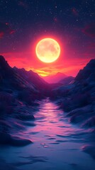Surreal Landscape with Glowing Moon, Winding River, and Majestic Mountains

