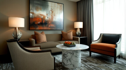 Elegant living space featuring soft tones, abstract decor, and a marble side table. A blend of comfort and style.