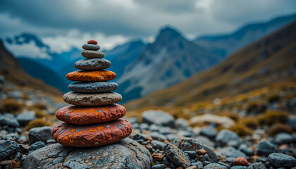 Serene stone stack against majestic mountain backdrop peaceful nature scene with soft light and