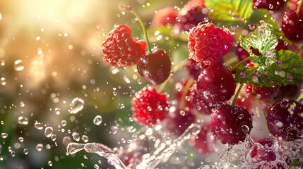 Currant and cherries with splashes of water