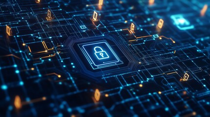 dark blue abstract digital background with floating neon security icons, circuit-like lines, and a glowing lock symbol representing online data protection, concept of cybersecurity, digital safety
