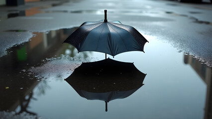 Urban yin-yang forms as floating umbrella and its reflection meet in perfect rainwater symmetry.