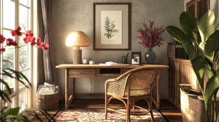 Creative composition of cozy workplace with mock up poster frame, wooden desk, rattan chair, black rack, simple lamp, vase with flowers, patterned carpet and personal accessories. Home decor. Template