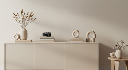 A serene minimalist home vignette featuring dried flowers, abstract sculptures, and a vintage camera resting on a neutral beige sideboard, bathed in soft natural light.
