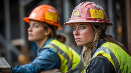 Two dedicated female construction workers wearing hard hats and safety vests. Focused and determined at construction site. Women empowerment in skilled trades. Women in Construction Week
