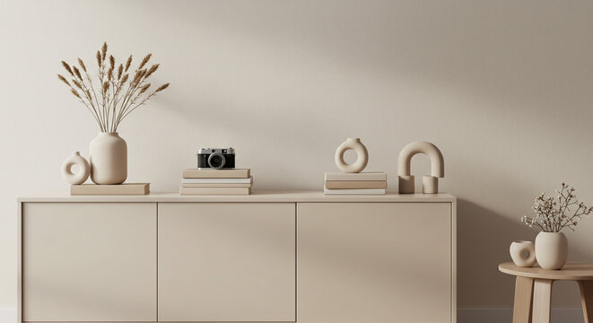 A serene minimalist home vignette featuring dried flowers, abstract sculptures, and a vintage camera resting on a neutral beige sideboard, bathed in soft natural light.