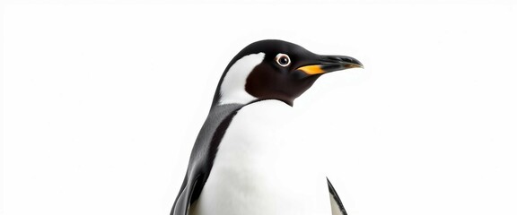 Fototapeta premium Pinguin-Kopf-Nahaufnahme auf weißem Hintergrund. Schwarze und weiße Federn mit gelbem Schnabel. Ideal für Tier- oder Naturthemen.
