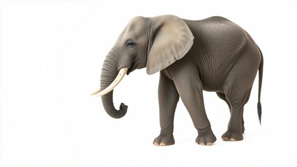 Fototapeta premium Elefant im Profil auf weißem Hintergrund. Graue Haut und lange Stoßzähne. Ideal für Tier- oder Safari-Themen.