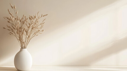 Minimalist composition of minimalistic interior with copy space. White vase with dried flowers and stylish accessories. Beige wall. Home decor. Template. 