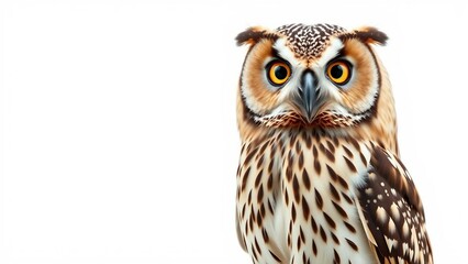 Naklejka premium Eule mit gelben Augen auf weißem Hintergrund. Nahaufnahme des Gesichts mit klaren Details. Ideal für Tier- oder Naturthemen.