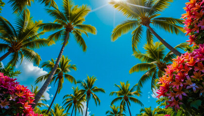 Obraz premium Tropical paradise Vibrant pink flowers tall palm trees under a bright sunny sky creating a blissful