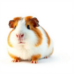 Meerschweinchen mit wei&szlig;-orangenem Fell auf wei&szlig;em Hintergrund. Nahaufnahme des Gesichts mit klaren Details. Ideal f&uuml;r Haustier- oder Nagetier-Themen.
