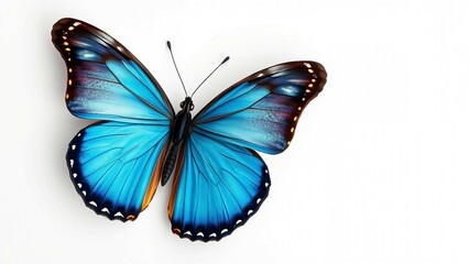 Blauer Schmetterling mit schwarzen und wei&szlig;en Akzenten auf wei&szlig;em Hintergrund. Nahaufnahme mit klaren Details. Ideal f&uuml;r Natur- oder Insektenthemen