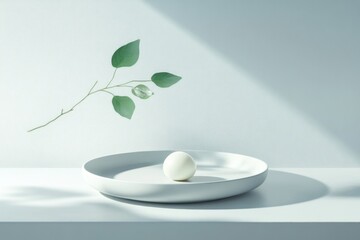 This serene image captures a minimalist aesthetic with a simple egg resting on a plate, accented by a delicate leafy branch, evoking calm and balance in design.