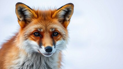Obraz premium Fuchs mit orange-weißem Fell auf weißem Hintergrund. Nahaufnahme des Gesichts mit klaren Details. Ideal für Tier- oder Naturthemen.