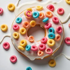 Delicious donut with white icing and colorful cereal rings, a delightful treat