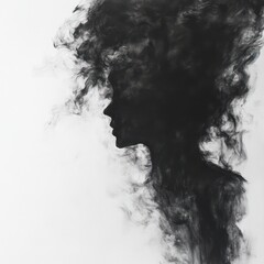 Fototapeta premium illustration silhouette of a woman with a unique cloud hair on white background