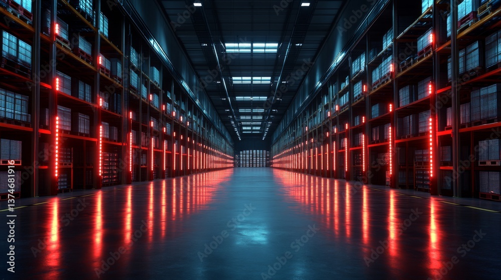 Poster the interior of a modern warehouse features tall shelving units filled with organized inventory. led