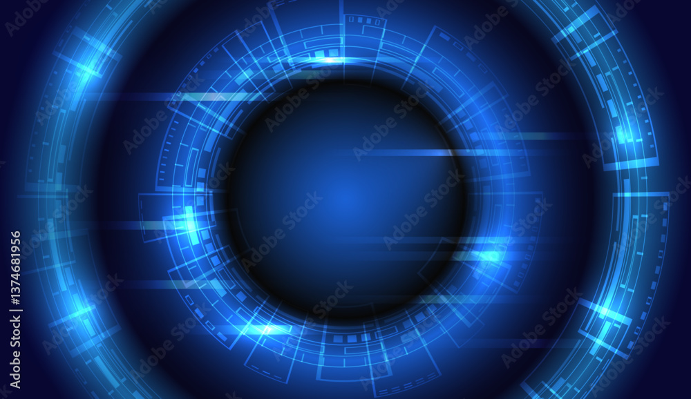 Aufkleber Wide blue background with circles and different technological elements and glowing lines. High-tech digital computer technology concept. Abstract technological communication vector illustration.