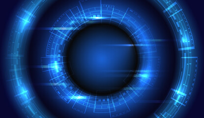 Wide blue background with circles and different technological elements and glowing lines. High-tech digital computer technology concept. Abstract technological communication vector illustration.