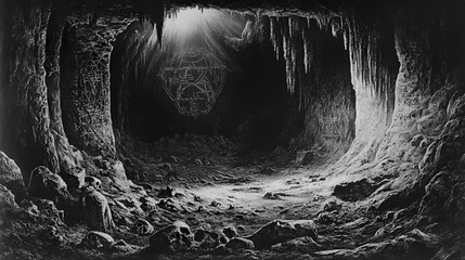 A dark cavern beneath an ancient mountain, where the walls are etched with forgotten symbols and the ground is covered with ancient bones. Phantasmal Engraving. Illustration