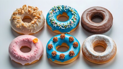 Six colorful gourmet donuts. Sweet treats collection