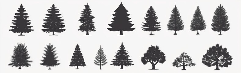 Fototapeta premium Modern illustration featuring abstract stem drawings of coniferous tree tops, including pine, spruce, cedar, and plant leaves, in the form of natural outdoor travel badges with black silhouettes
