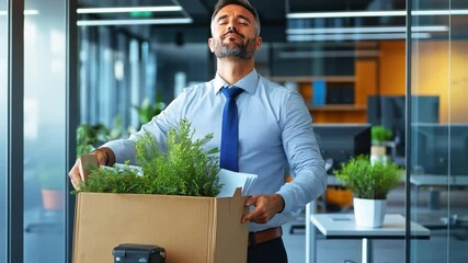Moving Out: A man leaving the office, holding a cardboard box filled with personal belongings and greenery, captured in a bright office environment