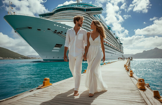 Romantic couple walking near luxury cruise ship