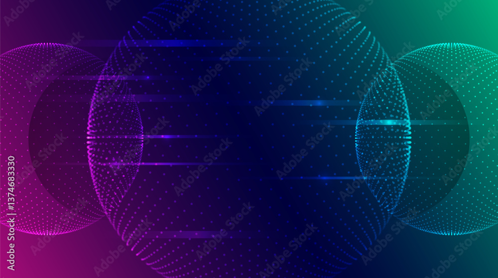 Poster High-tech digital computer technology concept. Abstract technological communication vector illustration. Wide blue background with circles and different technological elements and glowing lines.