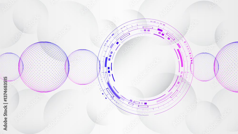 Poster High-tech communication design for presentation or banner. Abstract design consisting of circles, shadows, particles, dots and lines on a gray background. Technological futuristic concept.