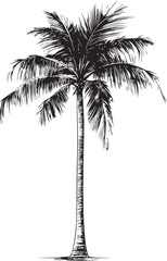 Palm tree illustration with detailed leaves in black and white drawing. Vector illustration