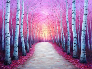 Vibrant Pink and Purple Sunset Birch Tree Forest Path