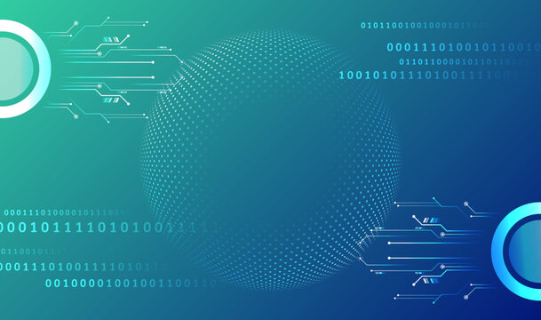 Wide Blue background with various technological elements. Abstract circle technology communication, vector illustration. Futuristic design for presentation. Hi-tech computer digital technology concept