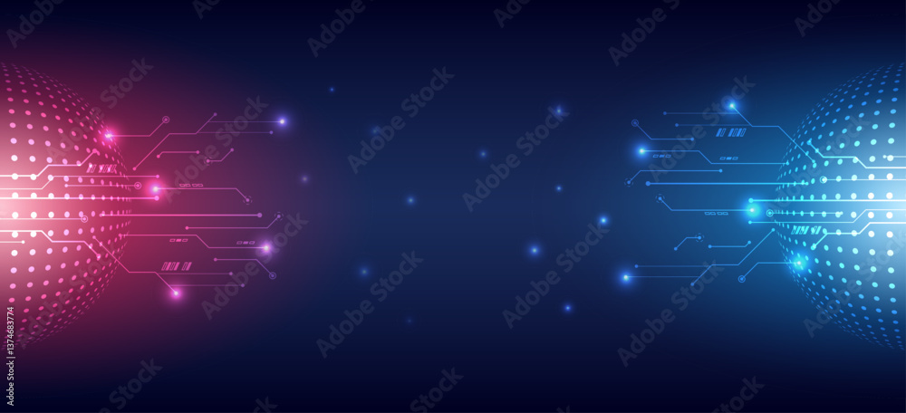 Poster Hi-tech vector illustration with various technology elements. Abstract global sci fi concept. Digital internet communication on blue background. Wide Cyber security internet and networking concept.