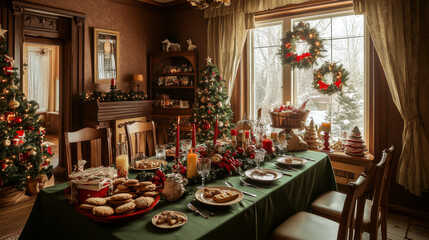 Christmas composition of warm dinning room interior with table,m green tablecloth, brown wall, gifts, cookies, stylish  candle with candlestick and personal accessories. Home decor. Template.