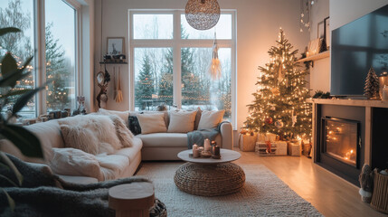 Modern festive decor. A stylish Christmas living room with elegant decor and natural textures. Minimalist and warm holiday atmosphere.