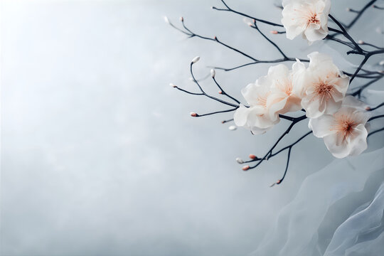 Close up cherry branch with pale pink flowers. Photo blank with fresh sakura flower background template