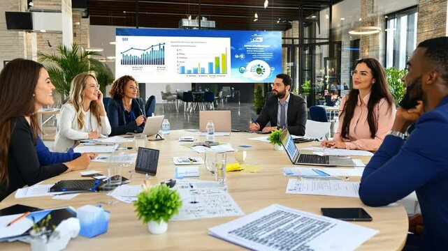Strategic Brainstorming: A diverse group of professionals collaborate around a conference table, engaging in strategic planning, illuminated by a dynamic presentation.