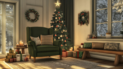 Aesthetic composition of christmas living room interior with green armchair, wooden bench, pillows, gifts, candle with candlestick, star and personala ccessories. Home decor. Template.