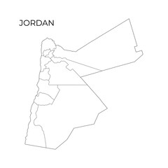 Black and white vector outline map of Jordan, displaying its governorates and borders, ideal for educational and political reference