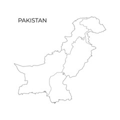 Obraz premium A black line vector map of Pakistan showing its administrative divisions, with the country name displayed above on a white background