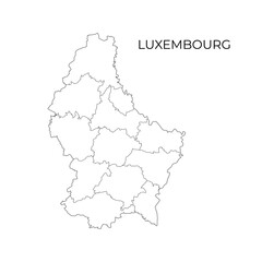 A black line vector map of Luxembourg showing its administrative divisions, with the country name displayed above on a white background