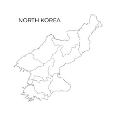 A black line vector map of North Korea showing its administrative divisions, with the country name displayed above on a white background