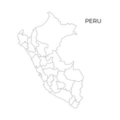 A black line vector map of Peru showing its administrative divisions, with the country name displayed above on a white background