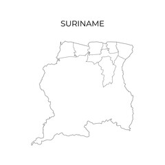 A black line vector map of Suriname showing its administrative divisions, with the country name displayed above on a white background