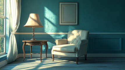 Modern blue interior with cream armchair, sculptural lamp, and minimalist console table decor.