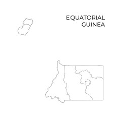 A black line map of Equatorial Guinea showing its mainland and island administrative divisions, with the country name labeled above on white background