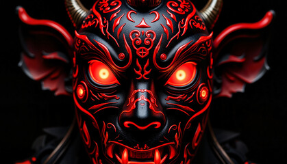 Naklejka premium Demon mask design with glowing eyes on black background
